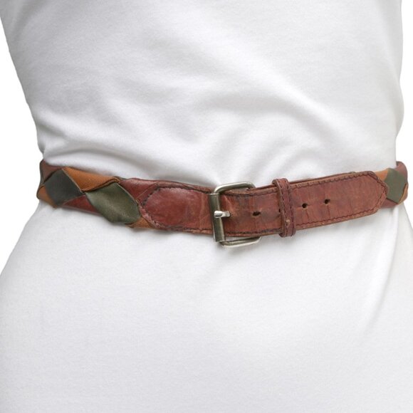 Vintage Vacher France Leather Belt Patchwork Diamond 80s Soft Brown Yellow Green - Picture 4 of 9